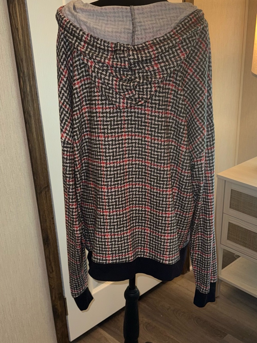 Self Esteem Women's Lightweight Houndstooth Hoodie - Black, White & Red Accents - Picture 2 of 4